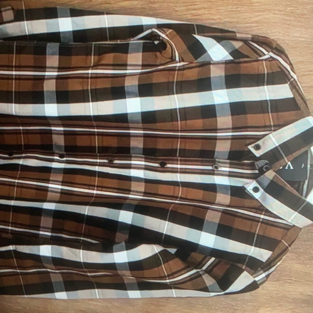 NWT VSKA plaid brown white button down shirt